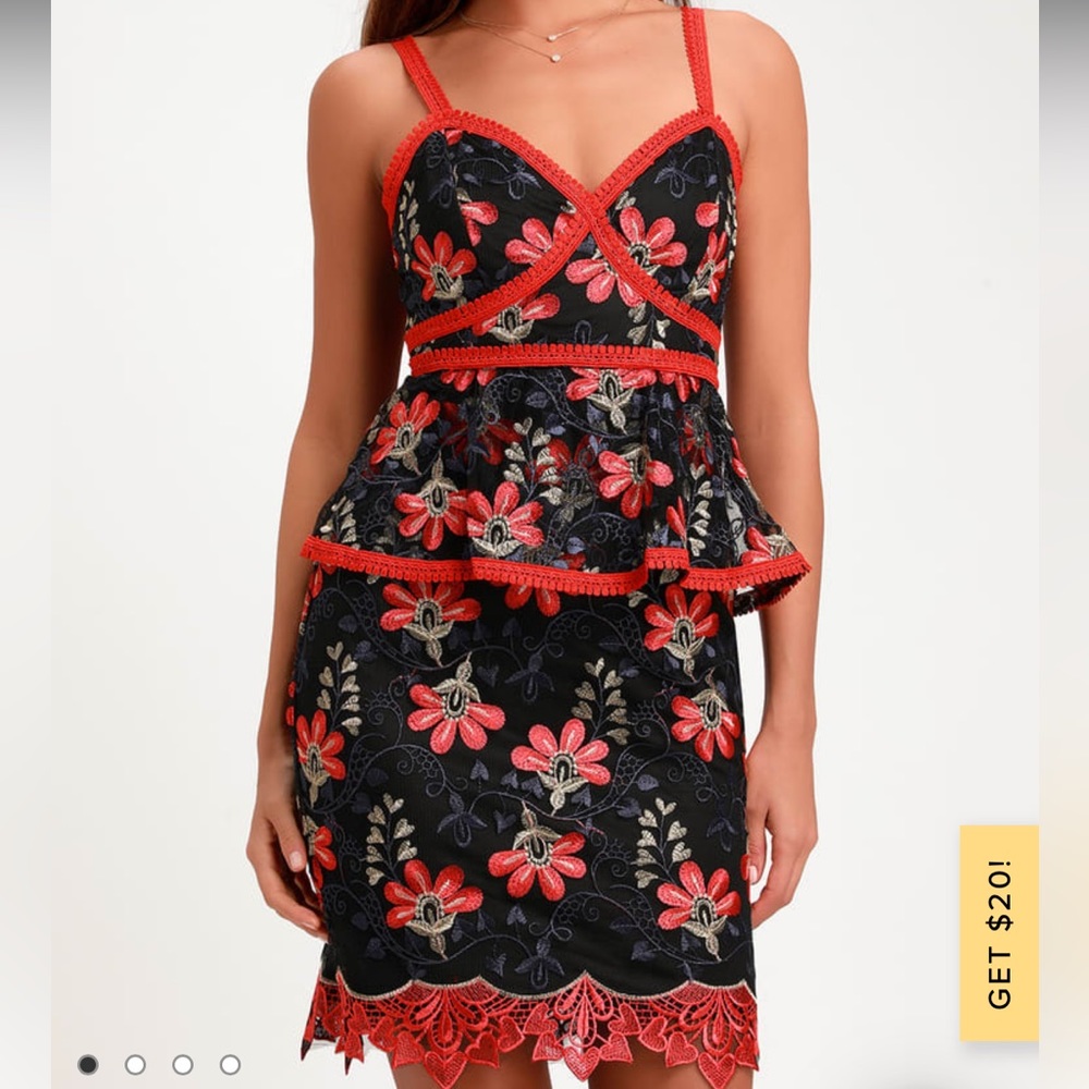 Lulu’s beautiful lace peplum midi dress.